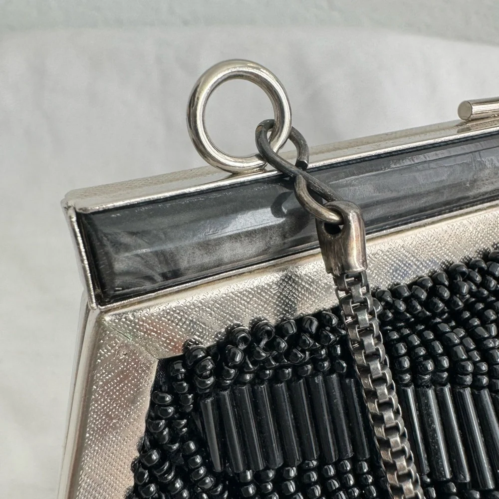 Vintage Fancy Mini Purse Beaded Clutch Black Silver 60's 70's